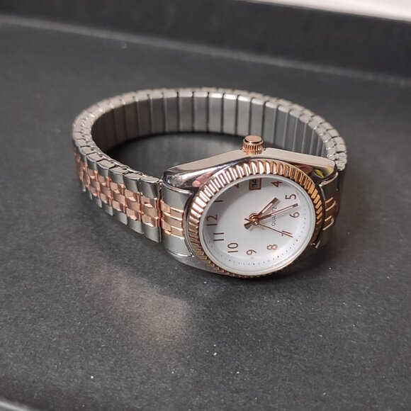 6 Inch Two Tone Metal Stretch Watch With White Dial - Picture 4 of 12